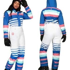 Tipsy Elves Ski Suit Women Medium White Blue Pink Striped Performance Snow Suit